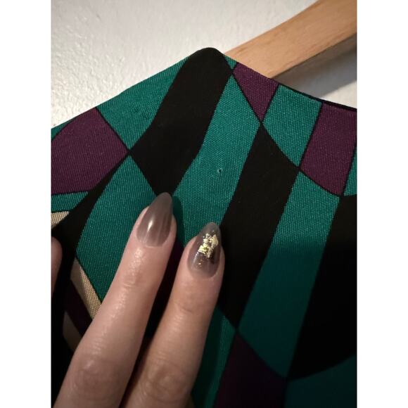 TORY BURCH 100% silk black green geometric aztec stretch fit flare dress - Picture 9 of 9